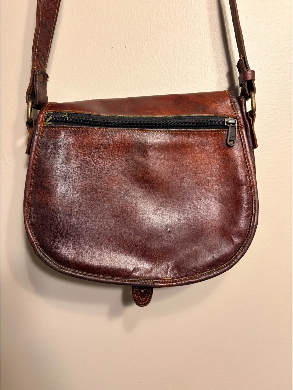 Vintage Brown Leather Crossbody Bag w/ Green Lining Purse WhimsyGoth Goblincore